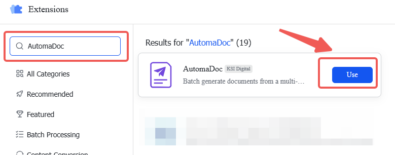 Searching for AutomaDoc in the extensions gallery